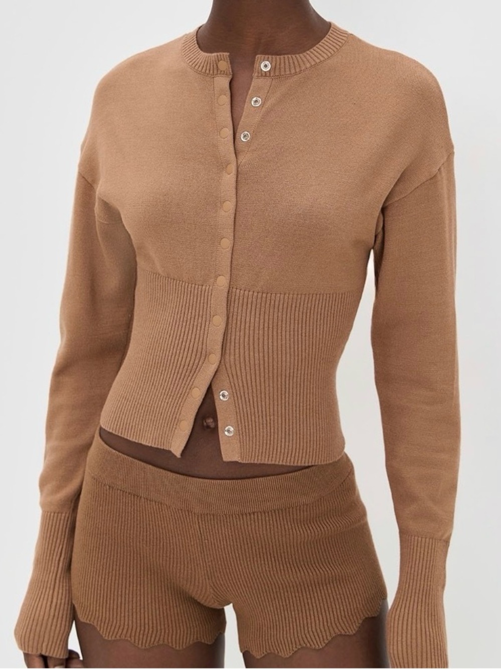 Lioness Camel Ribbed Knit Cardigan & Scallop Hem Shorts
